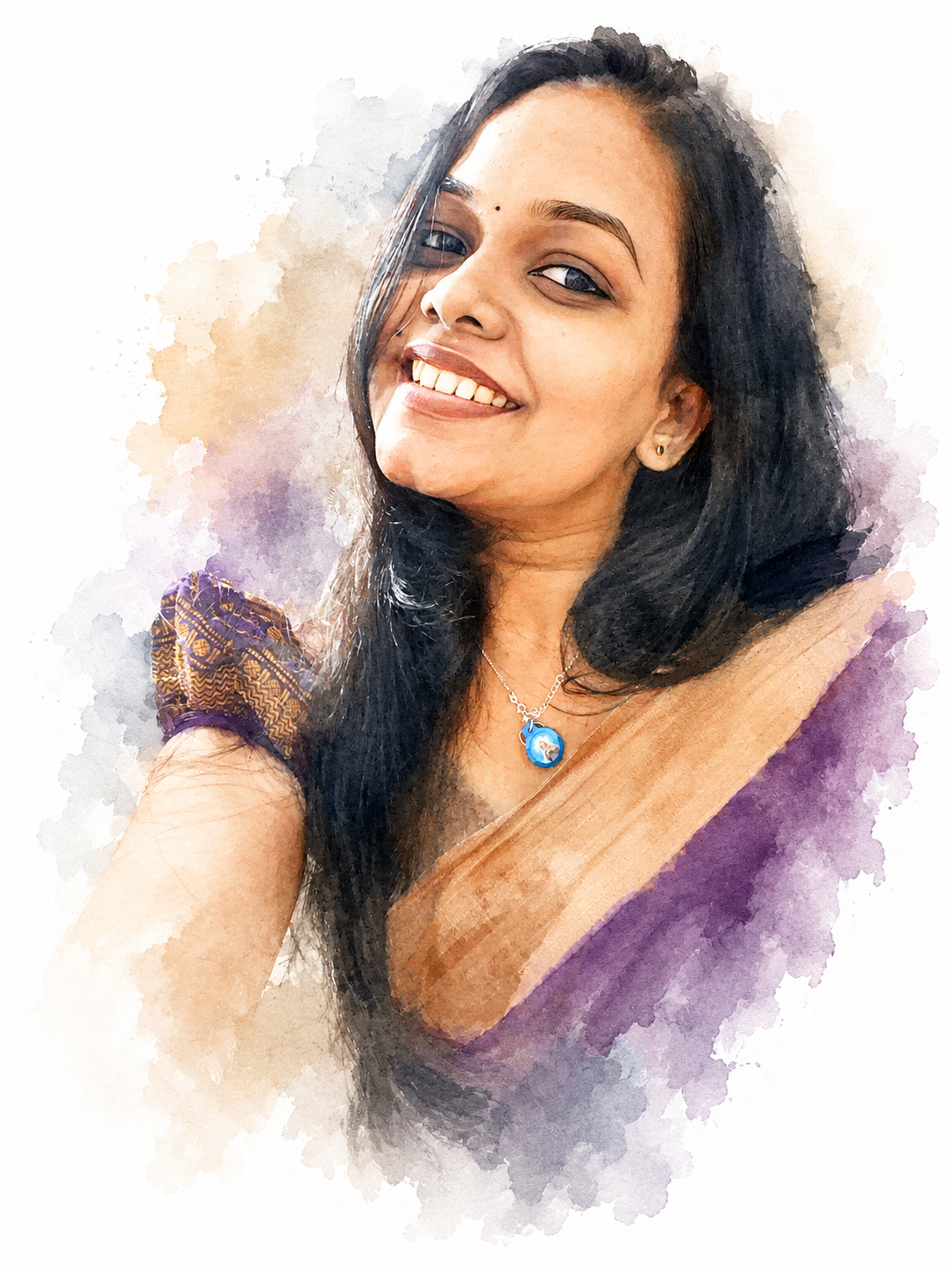 Limna Rose, fashion designer at Mirah Designs, in watercolor portrait.