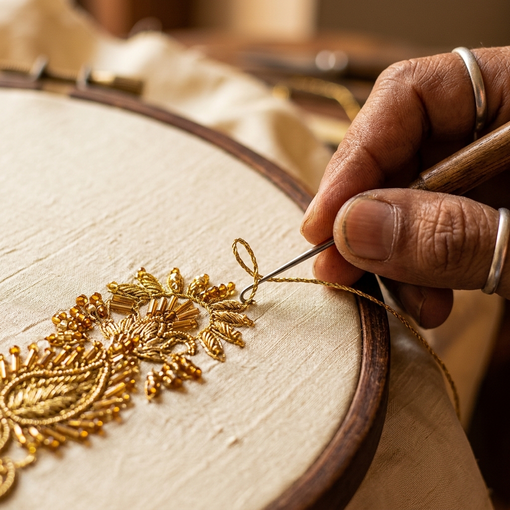 Macro detail of traditional Aari frame weaving gold metallic threads.