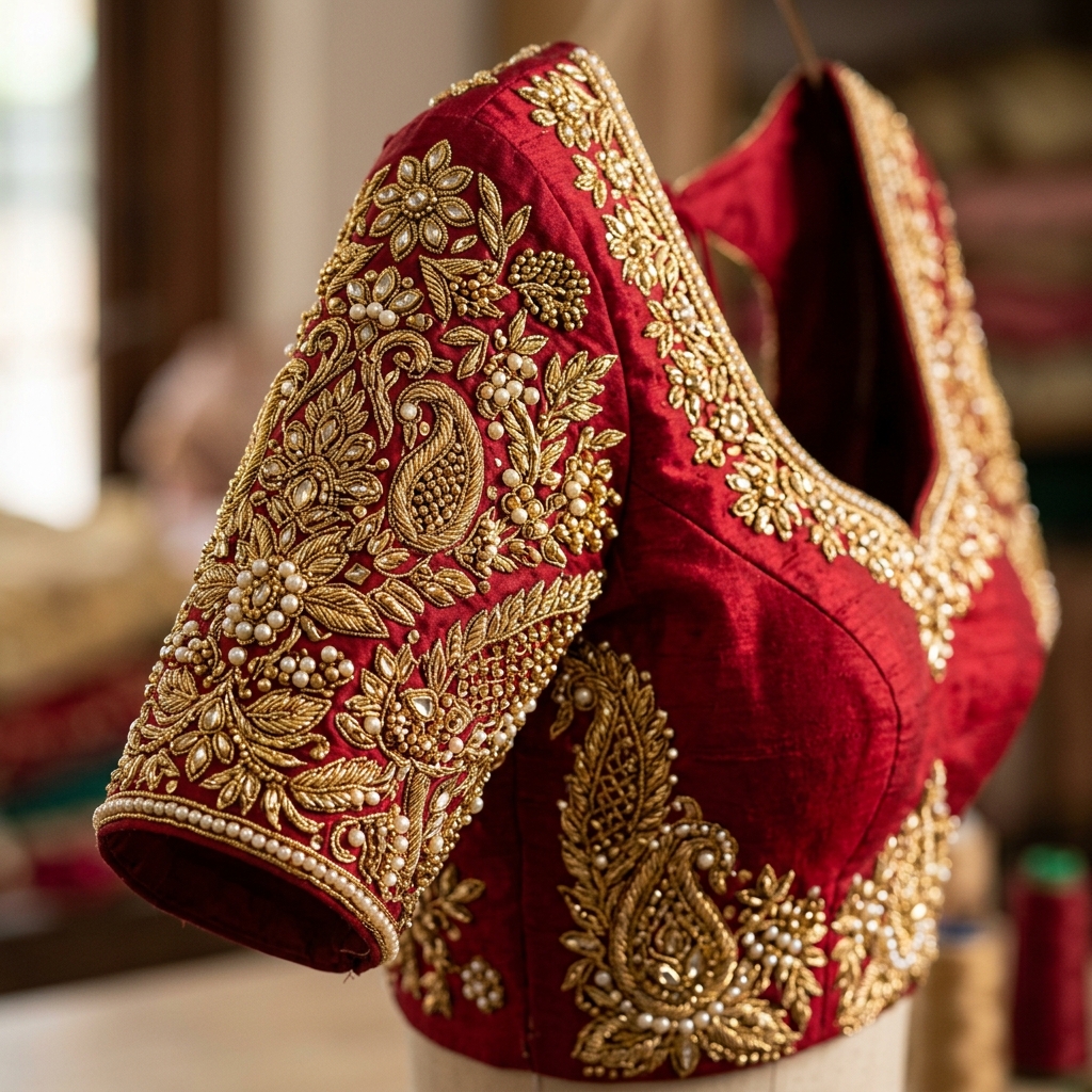 South Asian red silk bridal blouse detailing heavy gold Aari hand embroidery.