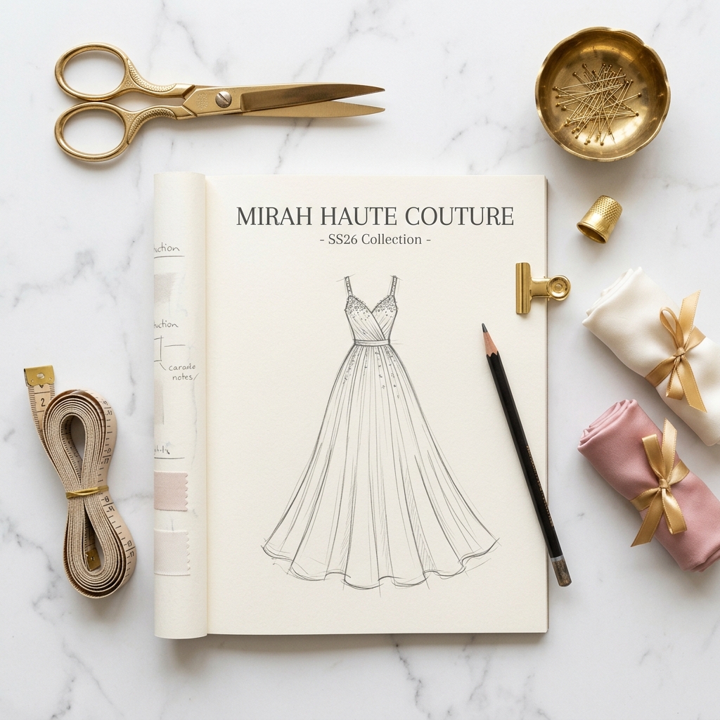 Overhead flatlay of golden shears, measuring tape, and fashion dress sketch.