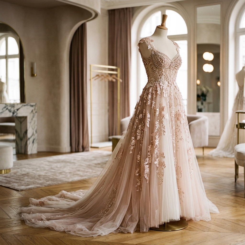 Rose gold and ivory tulle custom designer gown draped on mannequin inside luxury boutique.