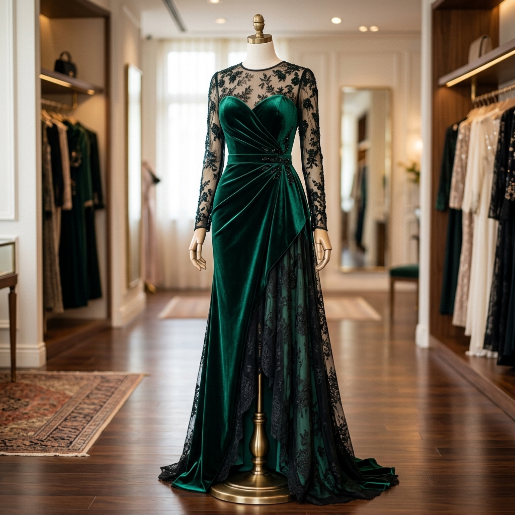 Dark green velvet and delicate black sheer lace details displayed on dress form.