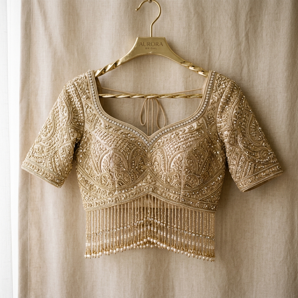 Bespoke champagne gold wedding lehenga blouse showing gold beads and hanging tassels.